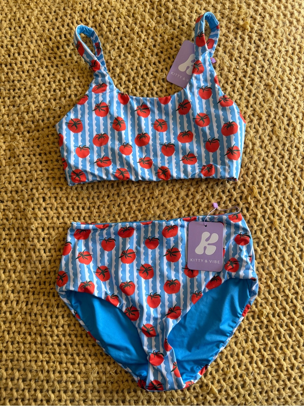 NWT Kitty & Vibe Tomato Print Two-Piece Swim Set - Blue & Red